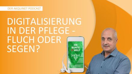 A man and a smartphone with headphones on an orange background graphic with text