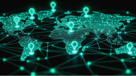 Digitale Weltkarte, die grüne Netzwerke und Standorte als Symbole für globale KI-Verbindungen zeigt.