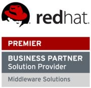 Rot-schwarzes Partnerlogo von redhat Premier Business Parter Solution Provider Middleware Solutions mit einem gezeichneten Männerkopf und rotem Hut.