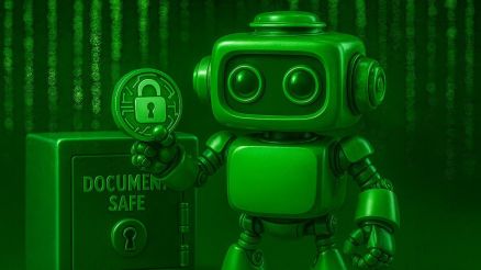 Ein grüner 3D-Roboter steht vor einem Dokumentensafe und hält ein rundes Schloss-Symbol in der Hand – eine Metapher für die hohe Sicherheit, Authentifizierung und Governance des Voicebots.