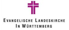 Lilafarbenes Doppelkreuz mit schwarzem Schriftzug Evangelische Landeskirche in Württemberg.
