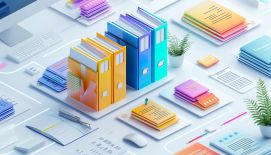 Futuristische Darstellung eines Arbeitsplatzes mit sehr sauber-sortierten Akten, Ordnern und Heften.