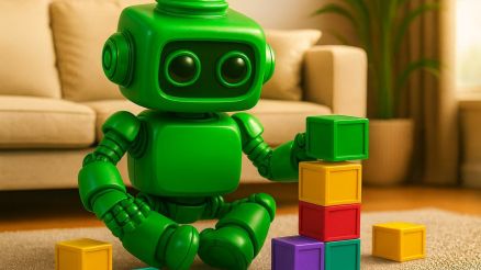 Ein grüner 3D-Roboter sitzt im Wohnzimmer auf dem Boden und stapelt bunte Bauklötze – eine Metapher für den modularen Aufbau und die beliebige Erweiterbarkeit des Voicebots.