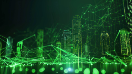 Eine grüne, digitale Skyline mit Netzwerkverbindungen als Symbol für smarte Städte und KI.