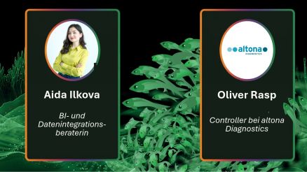 Bild von Aida Ilkova und altona Diagnostics Logo. Aida Ilkova ist BI- und Datenintegrationsberaterin. Oliver Rasp ist Controller bei altona Diasgnostics. Im Hintergrund des Bildes ein Meer aus Daten und ein Fischschwarm.