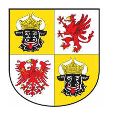 Yellow and white logo with black oxen and red dragon birds