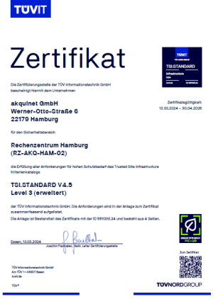 Zertifikat 2024 - TÜV Nord Group - RZ AKQ HAM 02 - TSI.Standard V4.5 - Level 3 erweitert