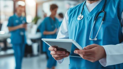 Ein Arzt hält ein Tablet in der Hand und nutzt die TI-Fachdienste der AKQUINET