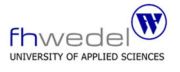 Icon blue W in circle and blue-grey lettering fhwedel University of applied sciences.