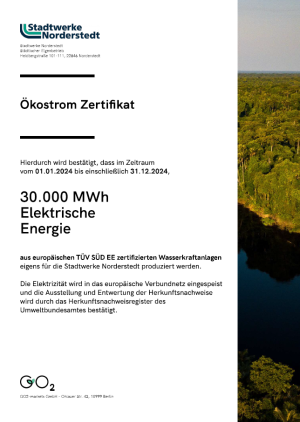 Zertifikat Ökostrom Stadtwerke Norderstedt 2024