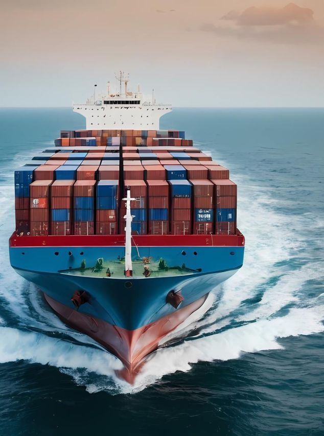Großes Containerschiff teilt das Wasser auf hoher See.