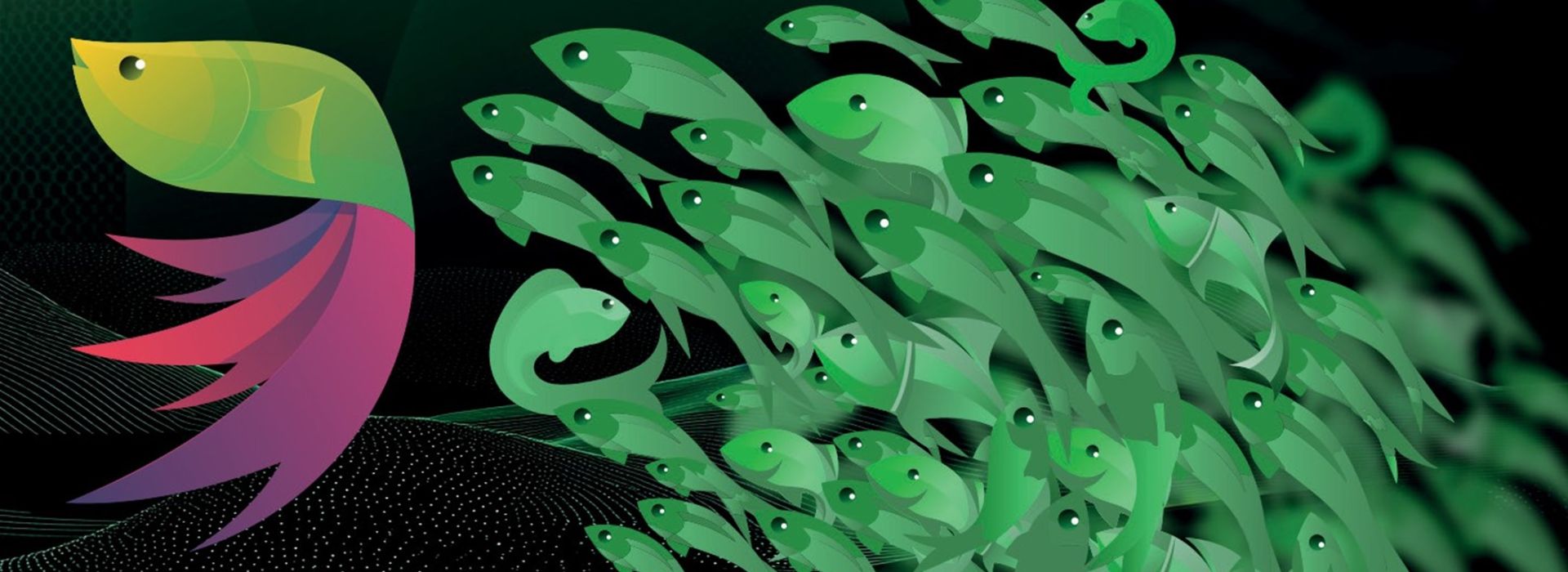 Abstrakte Darstellung eines großen, farbigen Fisches, der einen Schwarm kleiner grüner Fische im digitalen Datenraum anführt – Symbol für Orientierung und Zusammenarbeit im Datenumfeld.