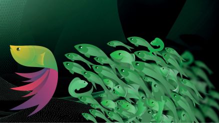 Abstrakte Darstellung eines großen, farbigen Fisches, der einen Schwarm kleiner grüner Fische im digitalen Datenraum anführt – Symbol für Orientierung und Zusammenarbeit im Datenumfeld.