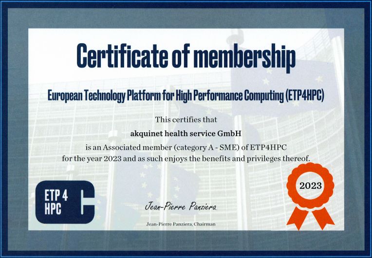 Zertifikat European Technology Platform for High Performance Computing (ETP4HPC) - AKQUINET