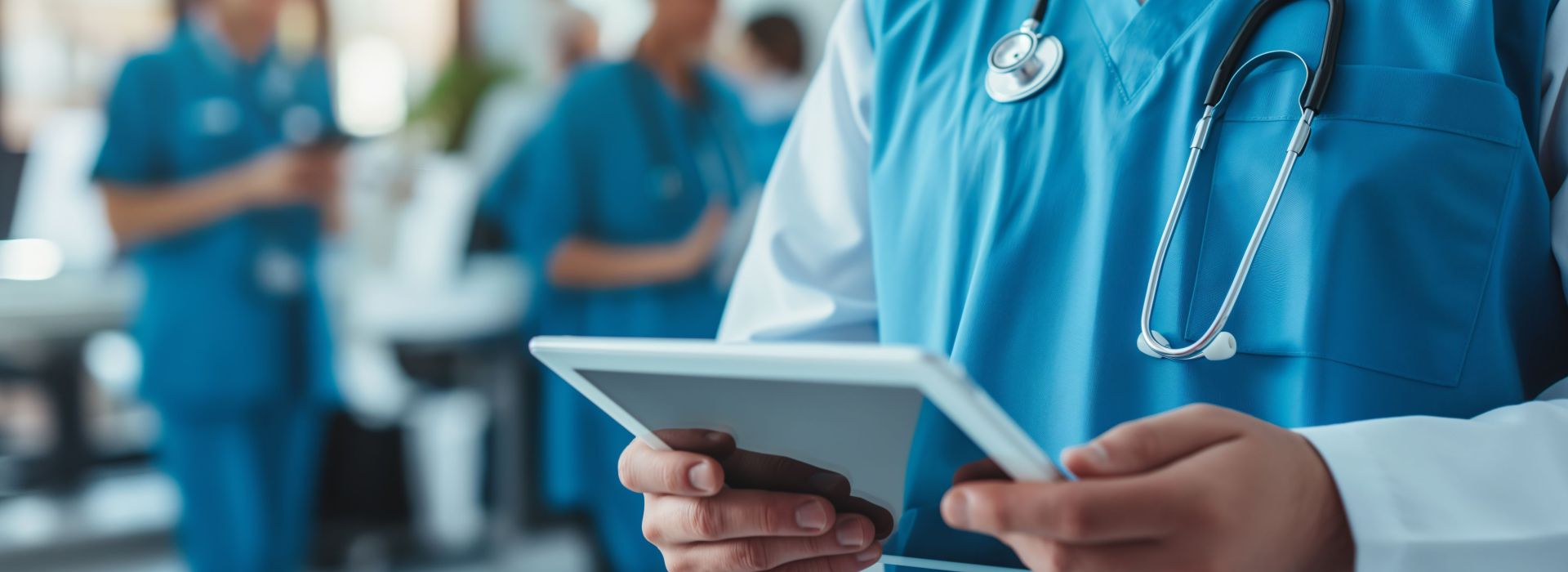 Ein Arzt hält ein Tablet in der Hand und nutzt die TI-Fachdienste der AKQUINET