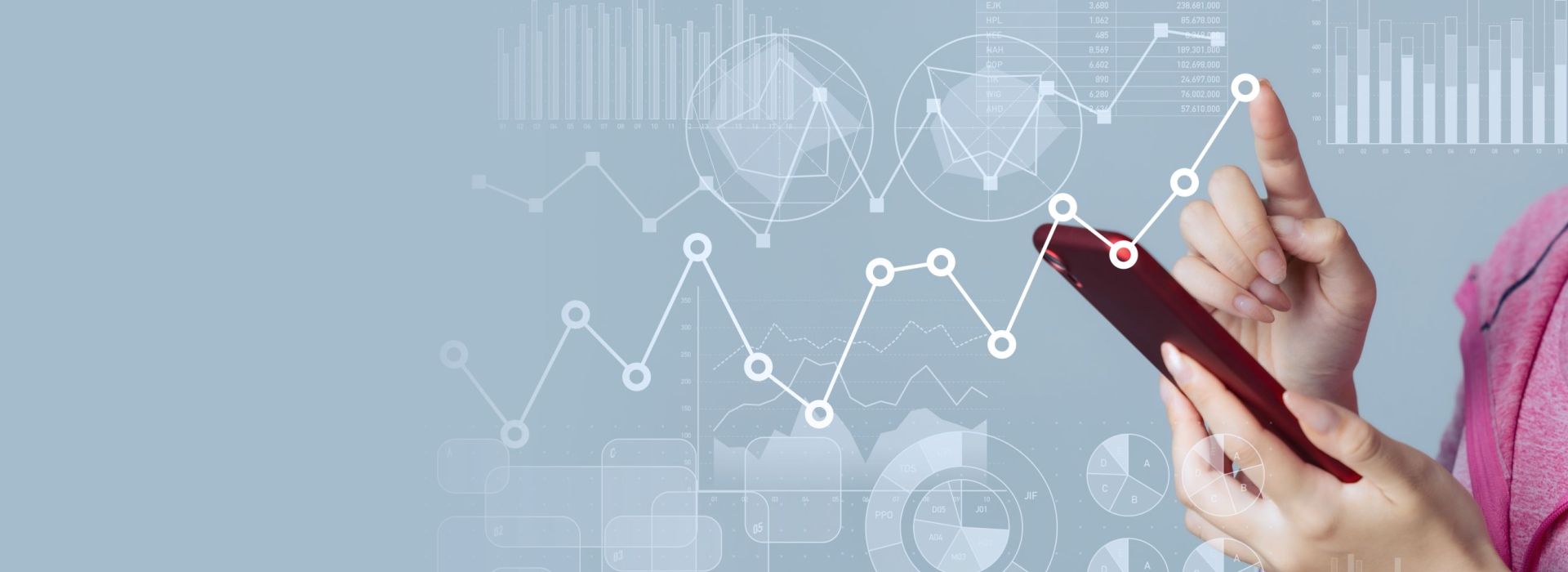 Digital financial data and charts symbolizing master data optimization in Finance & Controlling with MDG+ bRobots