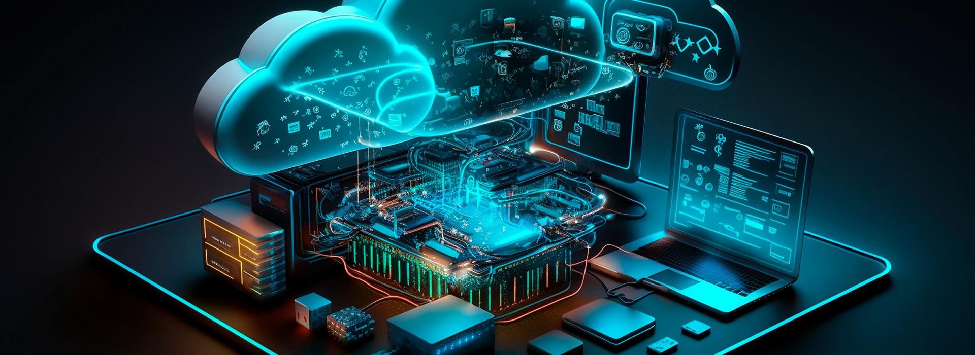 Grafik einer alten Platine, die darüber moderne Infrastrukturen einer Cloud beinhaltet.