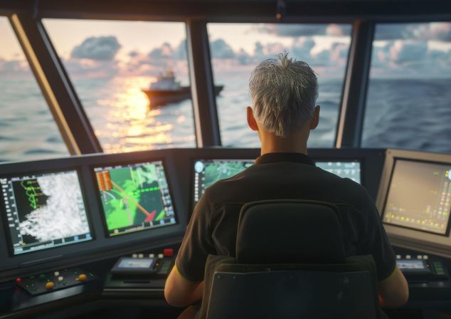 Eine Person ist von hinten zu sehen und sitzt vor einer Schaltzentrale auf einer Brücke des Schiffes.