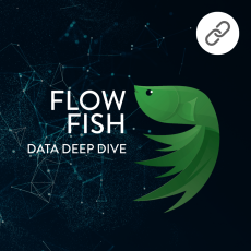 Grüner Goldfisch schwimmt im Datenmeer. Er heißt FlowFish und der Slogan ist Data Deep Dive.