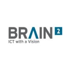 Blau, graues Logo von Brain Square mit dem Slogan ICT with a Vision.