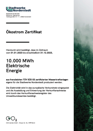 Certificate green electricity Stadtwerke Norderstedt 2023