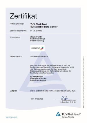 Certificate Sustainable Data Center TÜV Rheinland 2023 - AKQUINET