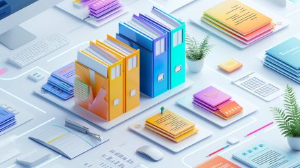 Futuristische Darstellung eines Arbeitsplatzes mit sehr sauber-sortierten Akten, Ordnern und Heften.