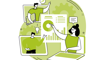 Illustration einer Person, die interaktiv mit Daten arbeitet, umgeben von vernetzten Nutzern – symbolisiert die rollenbasierten Lizenzoptionen von Qlik Sense.