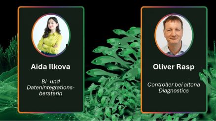 Bild von Aida Ilkova und Oliver Rasp. Aida Ilkova ist BI- und Datenintegrationsberaterin. Oliver Rasp ist Controller bei altona Diasgnostics. Im Hintergrund des Bildes ein Meer aus Daten und ein Fischschwarm.
