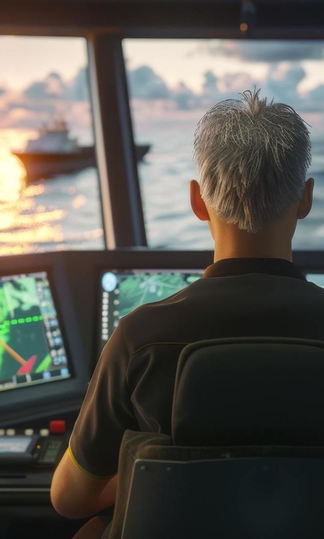 Eine Person ist von hinten zu sehen und sitzt vor einer Schaltzentrale auf einer Brücke des Schiffes.