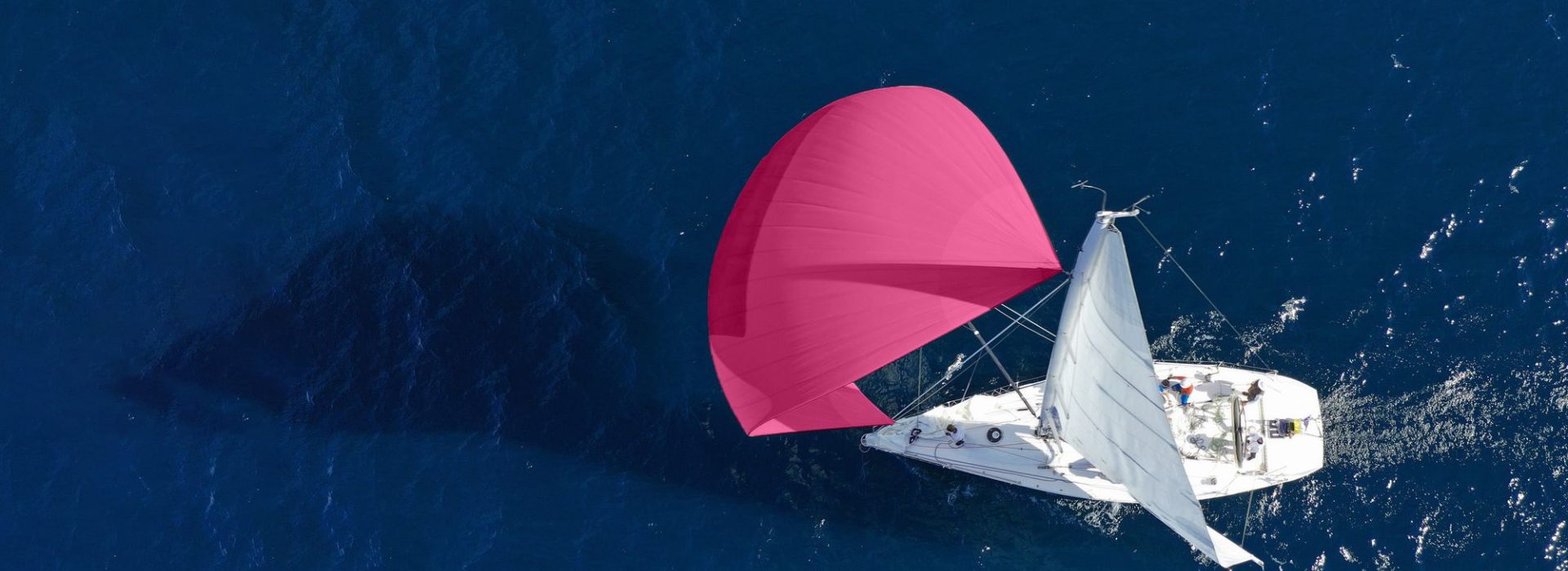 Ein weißes Segelschiff mit großem pinken Spinnaker auf blauem Meer.