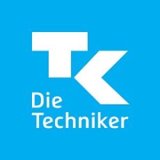 Blauer Kasten mit weißen Buchstaben TK und Schriftzug Die Techniker