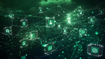 Visualisierung eines digitalen Netzwerks mit verknüpften Datenpunkten und KI-Symbolen in grüner, futuristischer Darstellung.