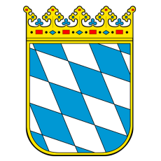White blue chequered coat of arms with yellow frame and yellow crown