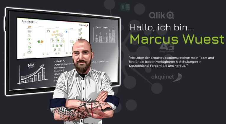 Bild mit Text: Hallo, ich bin Marcus Wuest. Als Leiter der akquinet academy stehen mein Team und ich für die besten verfügbaren BI Schulungen in Deutschland. Fordern Sie uns heraus.