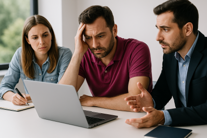 3 Kolleg*innen, die entnervt auf einen Laptop gucken, weil sie Probleme bei der SAP S/4HANA Migration haben