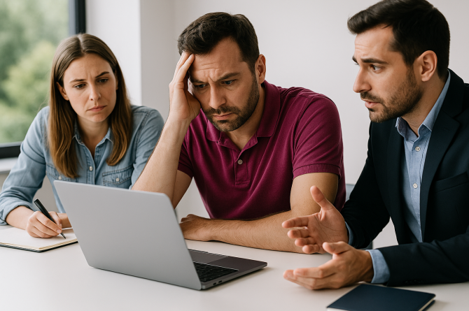 3 Kolleg*innen, die entnervt auf einen Laptop gucken, weil sie Probleme bei der SAP S/4HANA Migration haben