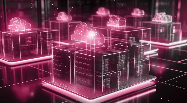 Bild zeigt mehrere Rechnersysteme in einer futuristischen Umgebung mit gezeichneten Cloud-Darstellungen.