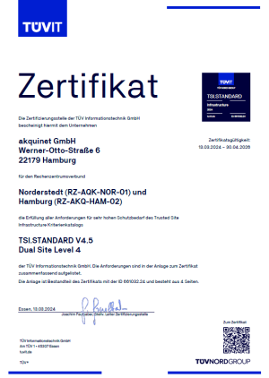 Certitificate TÜViT Dual Site Level 4 - Rechenzentrum 2024 - Norderstedt NOR-01 and Hamburg 02- AKQUINET