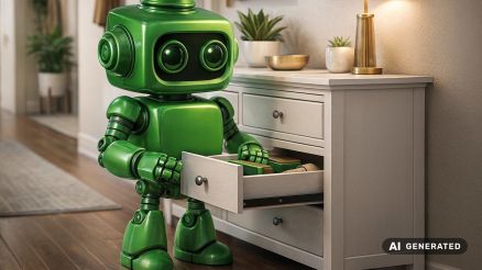 Ein grüner 3D-Roboter steht im Flur vor einer Kommode und öffnet eine Schublade – eine Metapher dafür, wie der Voicebot strukturierte Prozesse zuverlässig anstößt und automatisiert.