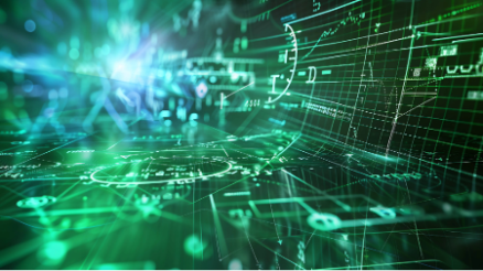 Es handelt sich um eine abstrakte Darstellung von technischen Plänen und Datenvisualisierungen in Grün, das als Symbol für KI und Digitalisierung steht.