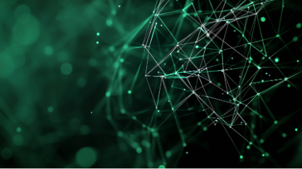 Eine grüne Netzwerkstruktur mit Knotenpunkten, die als Symbol für KI-Technologie und neuronale Netze stehen.