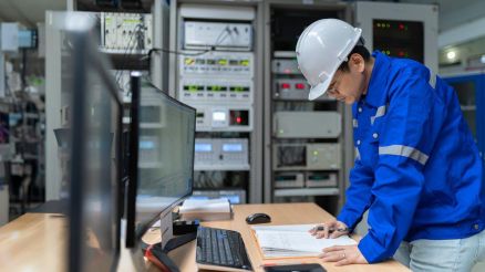 Technician man monitoring program from a lot of monitors.
