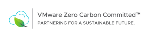 Graues Partnerlogo von VMware Zero Carbon Committed - Partnering for Sustainable Future mit einem grünen Blatt und einer blauen Wolke.