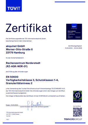 Certificate TÜViT - Data Center Norderstedt (RZ-AKQ-NOR-01) - EN50600