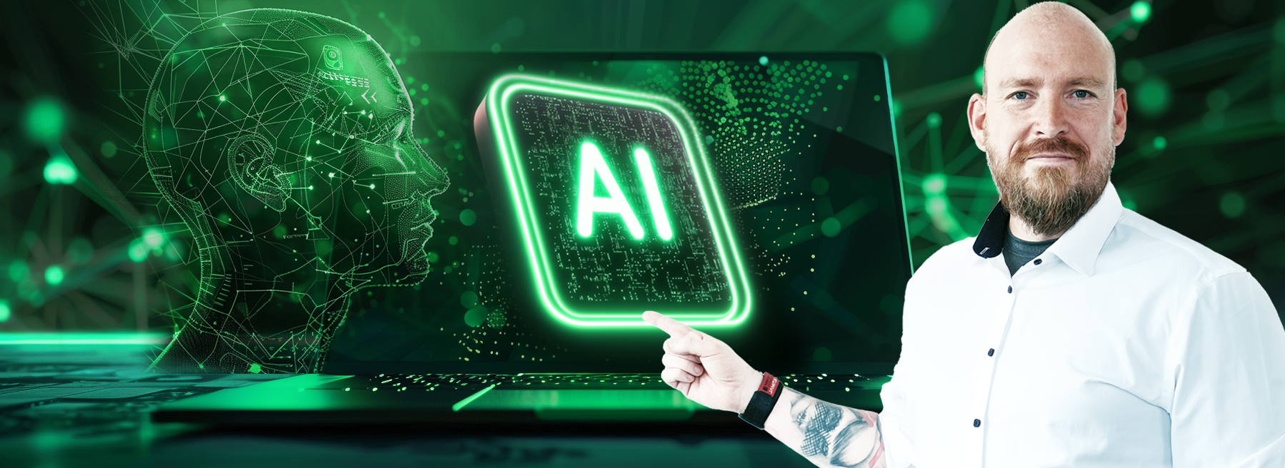 Unser KI Experte Marcus Wuest zeigt auf ein schwebendes „AI“-Symbol – dies symbolisiert die Verbindung von Mensch und Künstlicher Intelligenz sowie den Fortschritt in der Technologie.