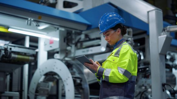 AKQUINET 365 Branchen Cloud für digitale Fertigungsprozesse. Eine Frau mit Sicherheitskleidung prüft auf einem Tablet Prozessabläufe einer Maschine.