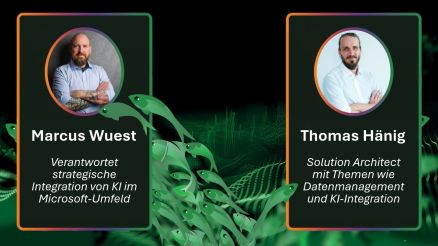 Bild von Marcus Wuest, der unter anderem die strategische Integration von KI im Microsoft-Umfeld verantwortet. Bild von Thomas Hänig, ein Solution Architect mit Themen wie Datenmanagement und KI-Integration. Zwei Fischschwärme springen auseinander.