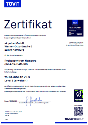 Certificate 2024 - TÜV Nord Group - RZ AKQ HAM 02 - TSI.Standard V4.5 - Level 3 extended