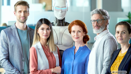 Team aus fünf Mitarbeitenden in einem hellen Büro, dahinter ein humanoider Roboter – Mensch und KI im Unternehmen (KI-generiert)